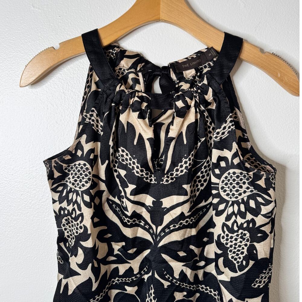 The Limited XS Black Tan Floral Dressy Halter Top Keyhole Neck Tie-Back Blouse - Picture 2 of 11
